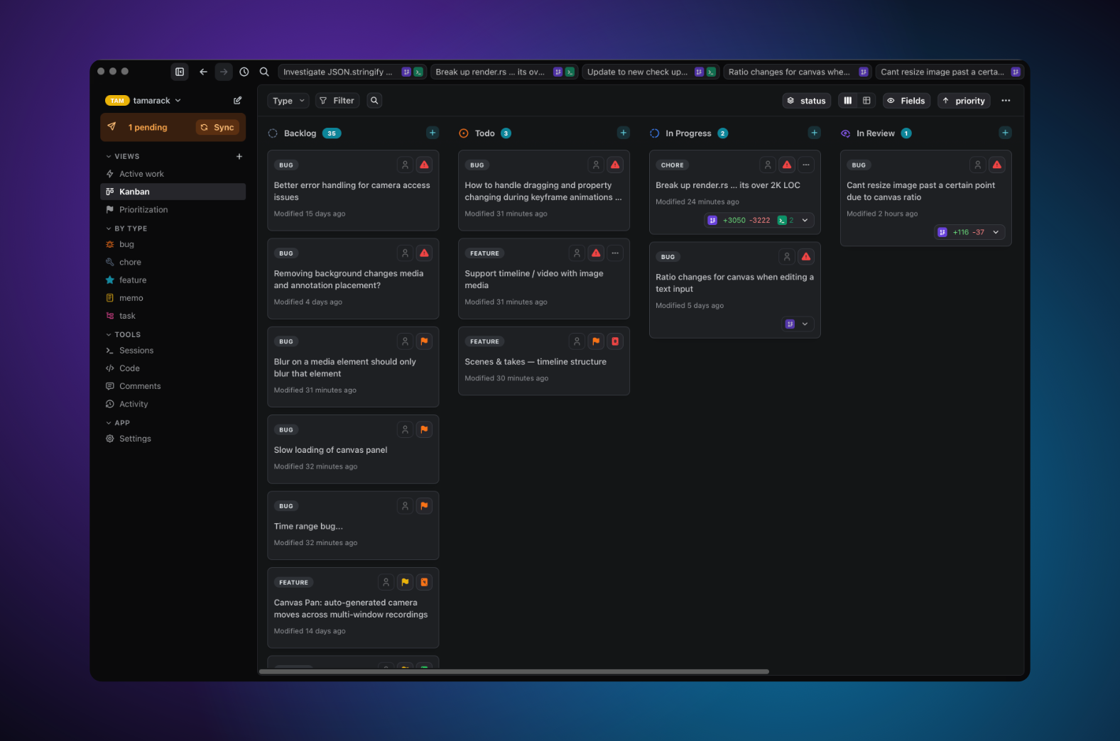 Spruce's Kanban board: Backlog, Todo, In Progress, and In Review columns filled with bug, feature, and chore cards, a left sidebar of views and artifact types, and a row of running agent sessions across the top.