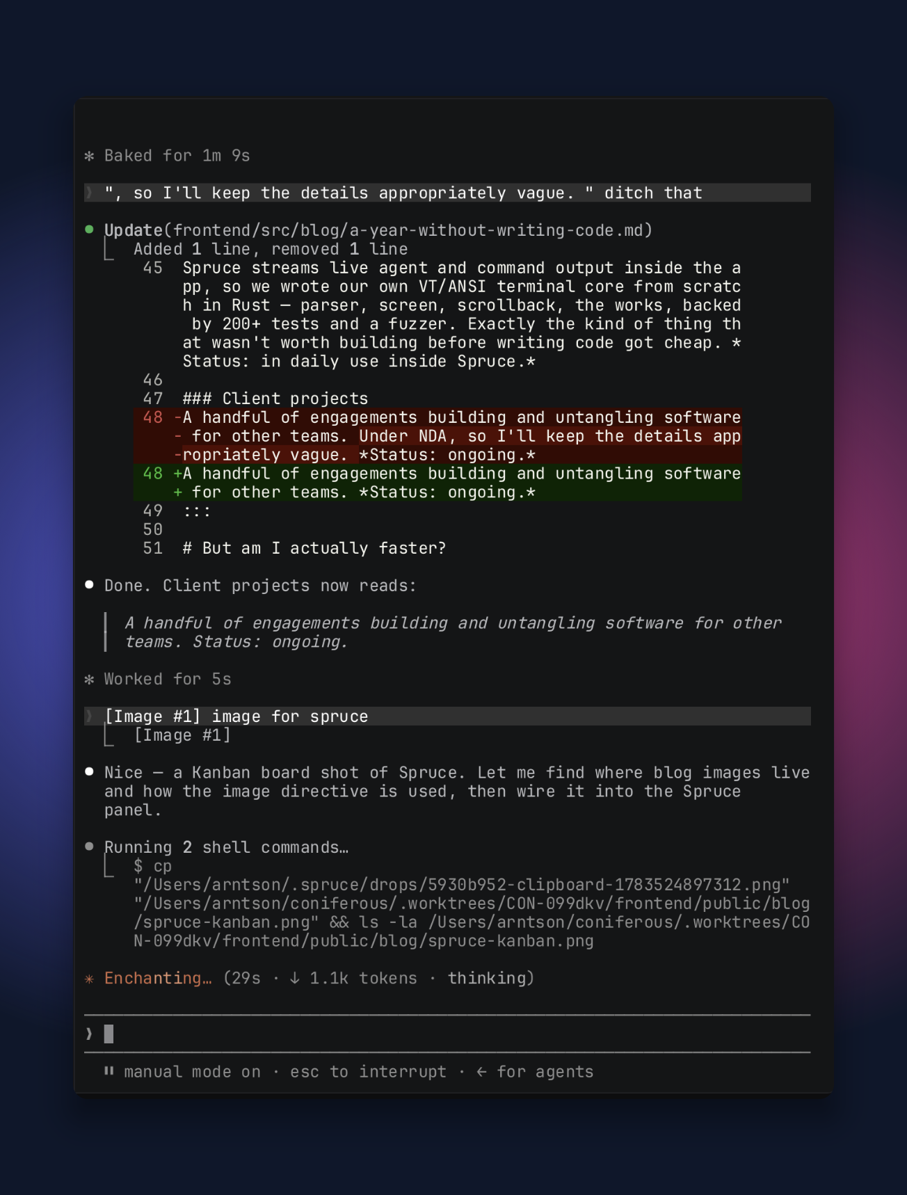 Spruce's terminal rendering a live coding-agent session: a colored diff of the blog post's markdown with red removed lines and green added lines, tool output, and a prompt at the bottom.