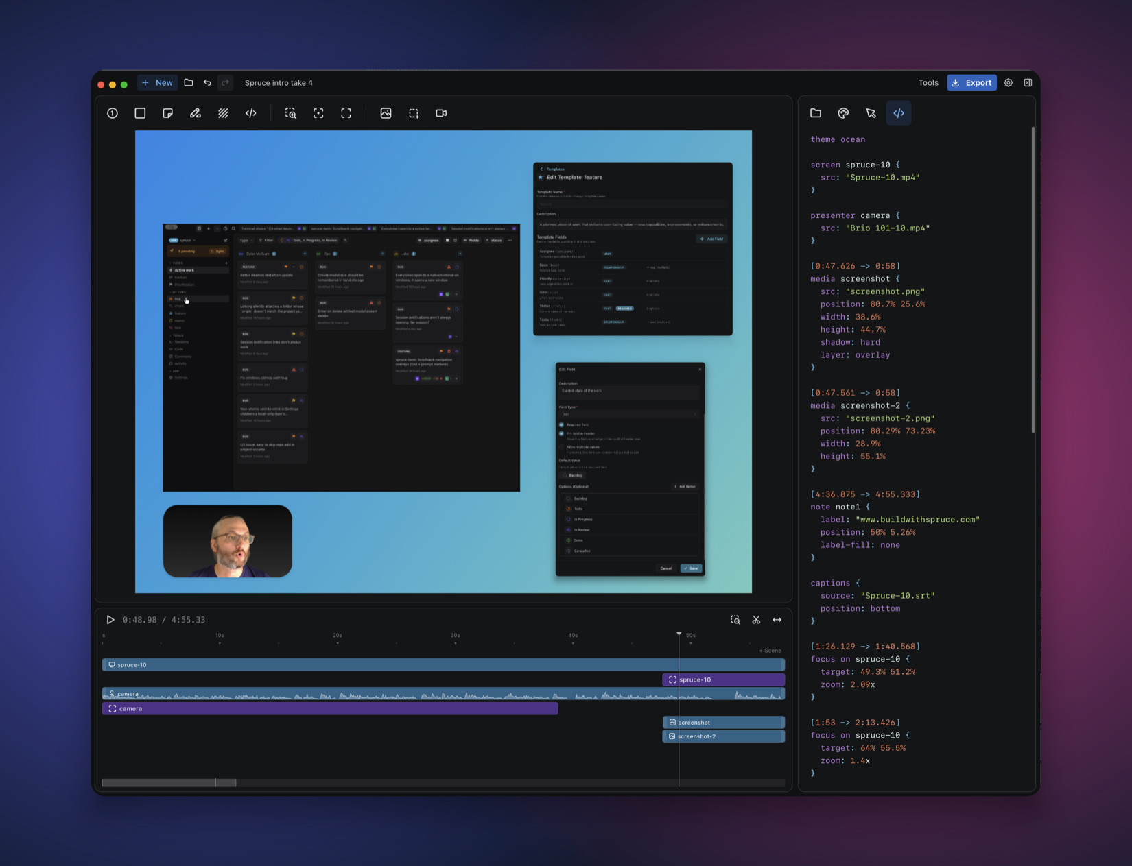 Tamarack's editor: a screen recording on the canvas with a presenter-camera bubble and a multi-track timeline below, and a text panel on the right showing the declarative script that defines it — screen, presenter camera, media, focus/zoom shots, and captions.